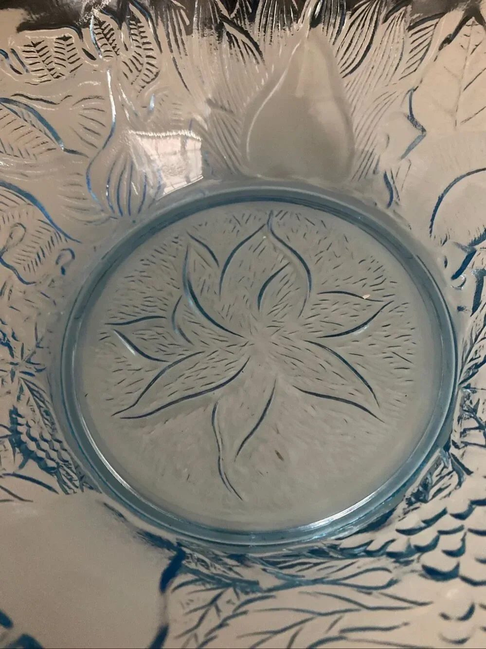 Blue Pressed Glass Serving Bowl Embossed Floral Pattern Decorative Dish vintage